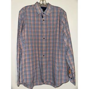 Cote Opera Paris Formal Shirt button down blue orange white gingham size 17 43 L